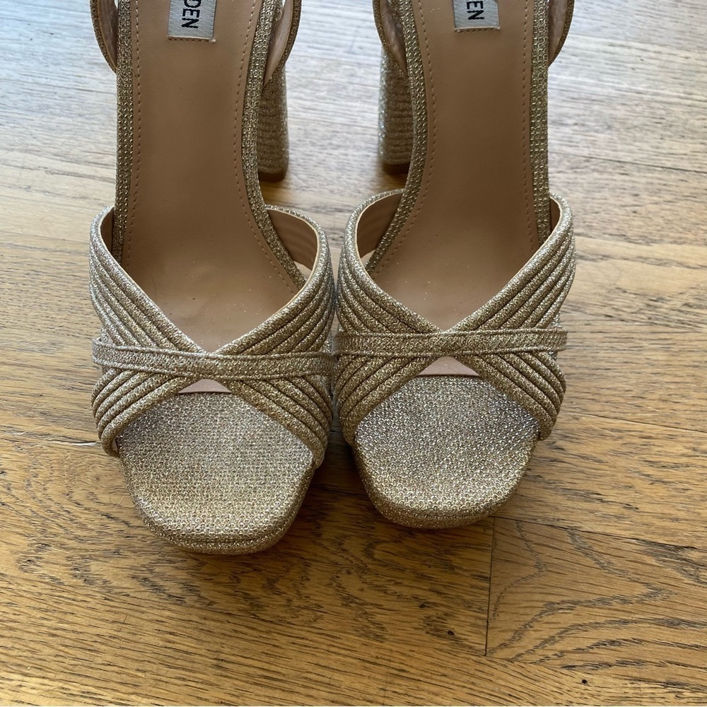 Steve Madden Laurel Gold Glitter Platform Ankle Strap High Heel Sandals size 10 - Picture 5 of 12